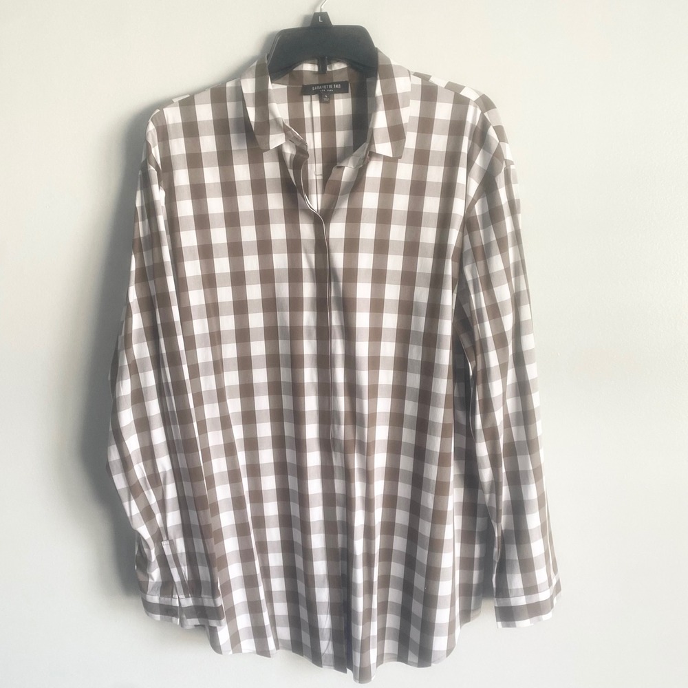 Lafayette 148 New York Brown and White Gingham Tunic Stretch Top Size Large